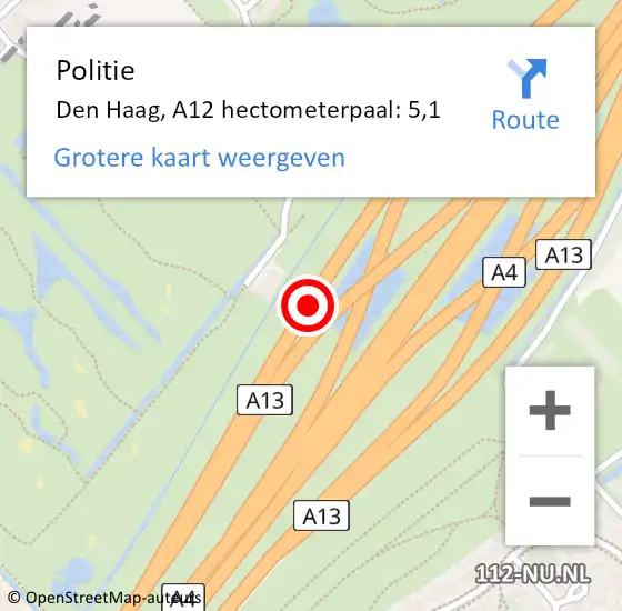 Locatie op kaart van de 112 melding: Politie Den Haag, A12 hectometerpaal: 5,1 op 22 oktober 2022 20:59