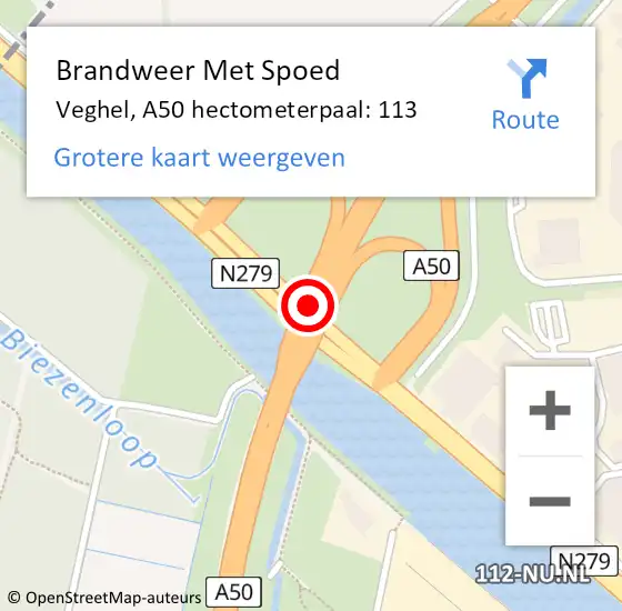 Locatie op kaart van de 112 melding: Brandweer Met Spoed Naar Veghel, A50 hectometerpaal: 113 op 22 oktober 2022 21:03