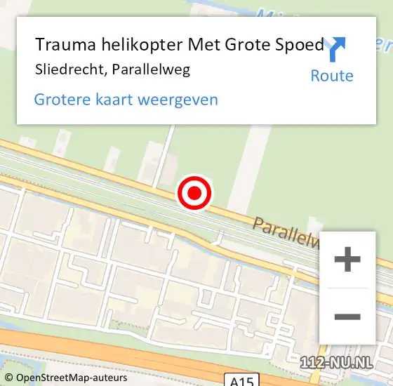 Locatie op kaart van de 112 melding: Trauma helikopter Met Grote Spoed Naar Sliedrecht, Parallelweg op 22 oktober 2022 23:27