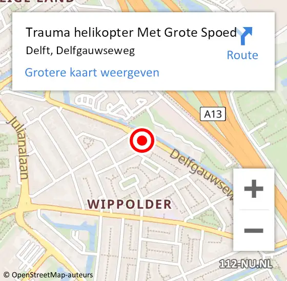 Locatie op kaart van de 112 melding: Trauma helikopter Met Grote Spoed Naar Delft, Delfgauwseweg op 23 oktober 2022 03:40