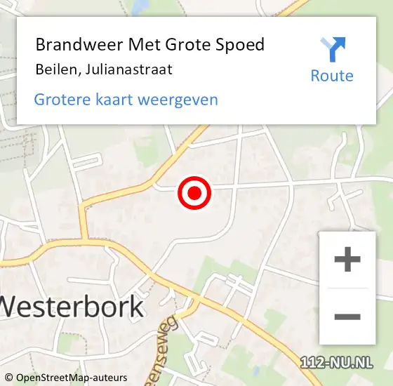 Locatie op kaart van de 112 melding: Brandweer Met Grote Spoed Naar Beilen, Julianastraat op 23 oktober 2022 06:22