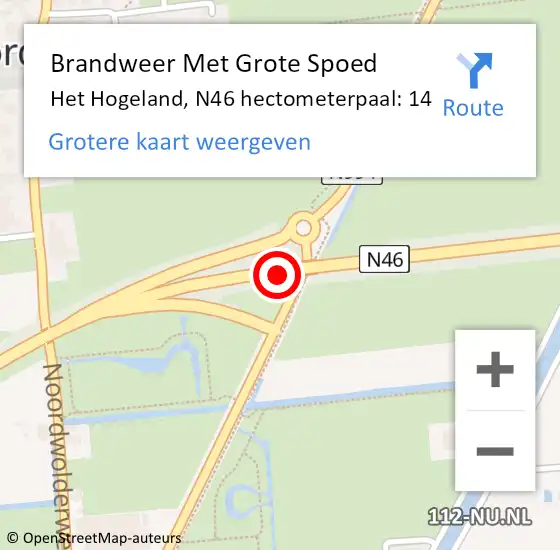 Locatie op kaart van de 112 melding: Brandweer Met Grote Spoed Naar Het Hogeland, N46 hectometerpaal: 14 op 23 oktober 2022 08:27