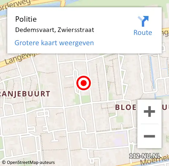 Locatie op kaart van de 112 melding: Politie Dedemsvaart, Zwiersstraat op 23 oktober 2022 08:50