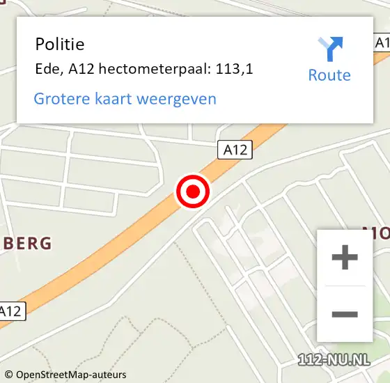 Locatie op kaart van de 112 melding: Politie Ede, A12 hectometerpaal: 113,1 op 23 oktober 2022 09:07