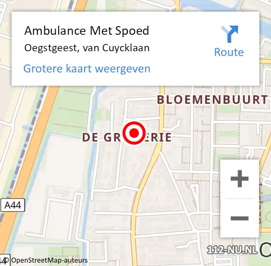 Locatie op kaart van de 112 melding: Ambulance Met Spoed Naar Oegstgeest, van Cuycklaan op 23 oktober 2022 13:01