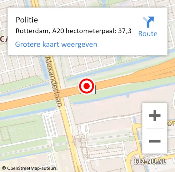 Locatie op kaart van de 112 melding: Politie Rotterdam, A20 hectometerpaal: 37,3 op 23 oktober 2022 13:28