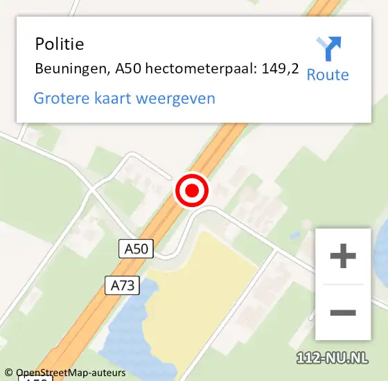 Locatie op kaart van de 112 melding: Politie Beuningen, A50 hectometerpaal: 149,2 op 23 oktober 2022 15:23