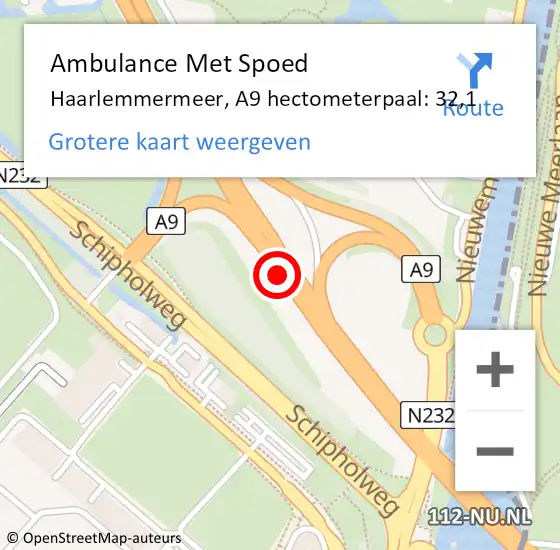 Locatie op kaart van de 112 melding: Ambulance Met Spoed Naar Haarlemmermeer, A9 hectometerpaal: 32,1 op 23 oktober 2022 17:20