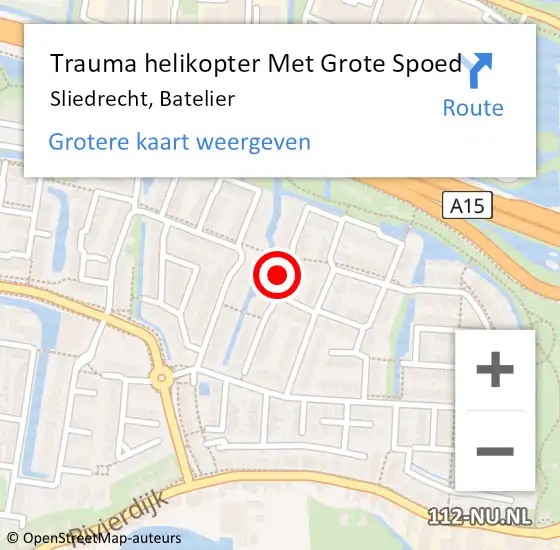 Locatie op kaart van de 112 melding: Trauma helikopter Met Grote Spoed Naar Sliedrecht, Batelier op 23 oktober 2022 17:55