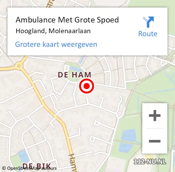 Locatie op kaart van de 112 melding: Ambulance Met Grote Spoed Naar Hoogland, Molenaarlaan op 2 augustus 2014 14:41