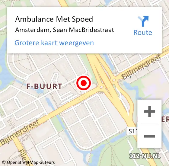 Locatie op kaart van de 112 melding: Ambulance Met Spoed Naar Amsterdam-Zuidoost, Sean MacBridestraat op 23 oktober 2022 19:10