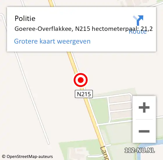 Locatie op kaart van de 112 melding: Politie Goeree-Overflakkee, N215 hectometerpaal: 21,2 op 23 oktober 2022 19:55