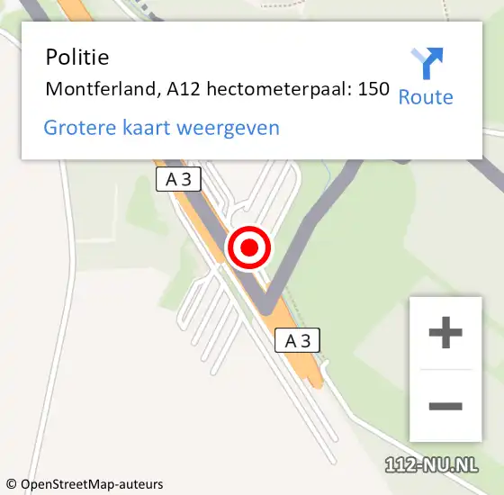 Locatie op kaart van de 112 melding: Politie Montferland, A12 hectometerpaal: 150 op 23 oktober 2022 21:13