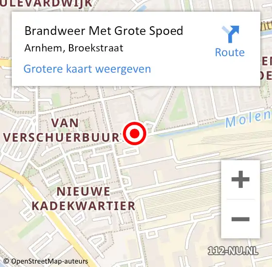 Locatie op kaart van de 112 melding: Brandweer Met Grote Spoed Naar Arnhem, Broekstraat op 24 oktober 2022 01:23