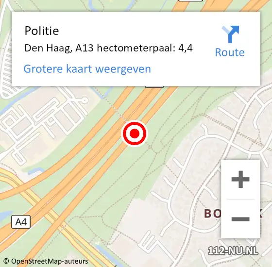 Locatie op kaart van de 112 melding: Politie Den Haag, A13 hectometerpaal: 4,4 op 24 oktober 2022 05:53