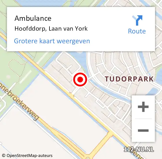 Locatie op kaart van de 112 melding: Ambulance Hoofddorp, Laan van York op 24 oktober 2022 10:45