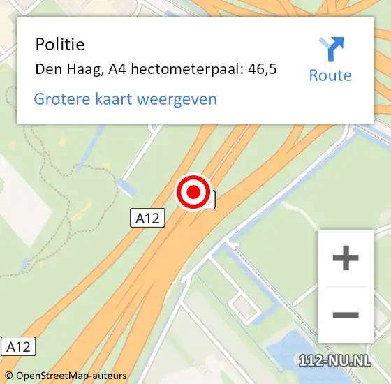 Locatie op kaart van de 112 melding: Politie Den Haag, A4 hectometerpaal: 46,5 op 24 oktober 2022 11:11