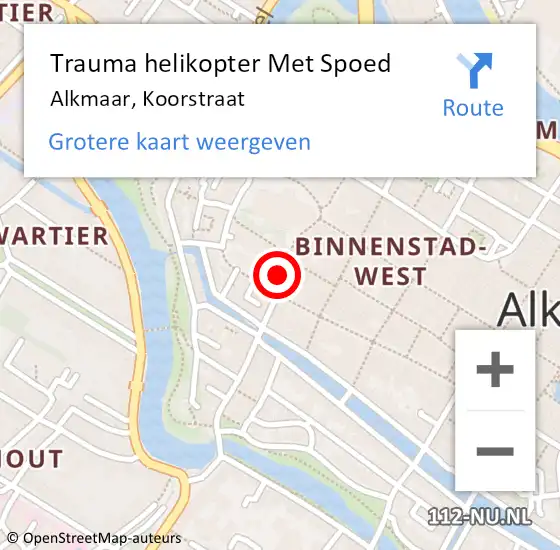 Locatie op kaart van de 112 melding: Trauma helikopter Met Spoed Naar Alkmaar, Koorstraat op 24 oktober 2022 13:47