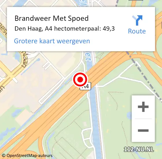 Locatie op kaart van de 112 melding: Brandweer Met Spoed Naar Den Haag, A4 hectometerpaal: 49,3 op 24 oktober 2022 14:44