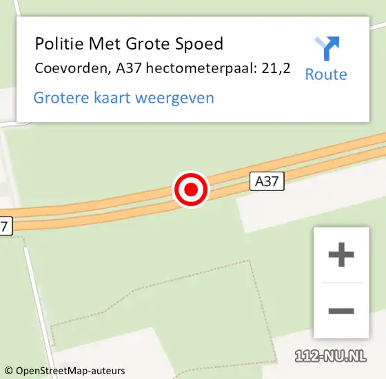 Locatie op kaart van de 112 melding: Politie Met Grote Spoed Naar Coevorden, A37 hectometerpaal: 21,2 op 24 oktober 2022 14:56