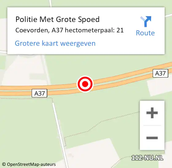 Locatie op kaart van de 112 melding: Politie Met Grote Spoed Naar Coevorden, A37 hectometerpaal: 21 op 24 oktober 2022 14:57
