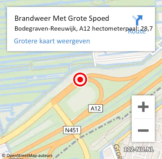 Locatie op kaart van de 112 melding: Brandweer Met Grote Spoed Naar Bodegraven-Reeuwijk, A12 hectometerpaal: 28,7 op 24 oktober 2022 15:48