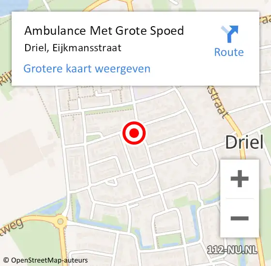 Locatie op kaart van de 112 melding: Ambulance Met Grote Spoed Naar Driel, Eijkmansstraat op 24 oktober 2022 16:26