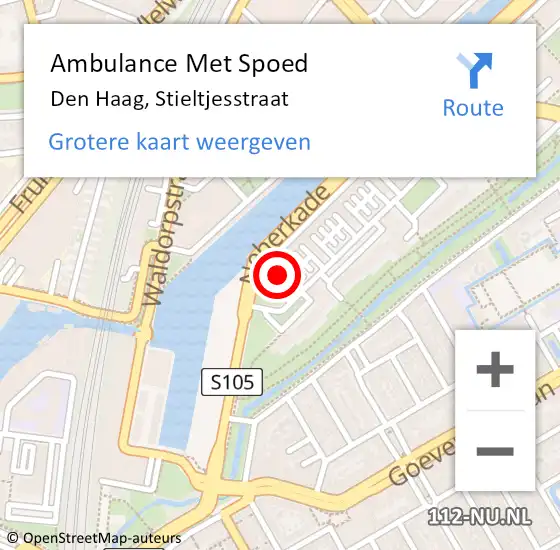 Locatie op kaart van de 112 melding: Ambulance Met Spoed Naar Den Haag, Stieltjesstraat op 24 oktober 2022 16:52