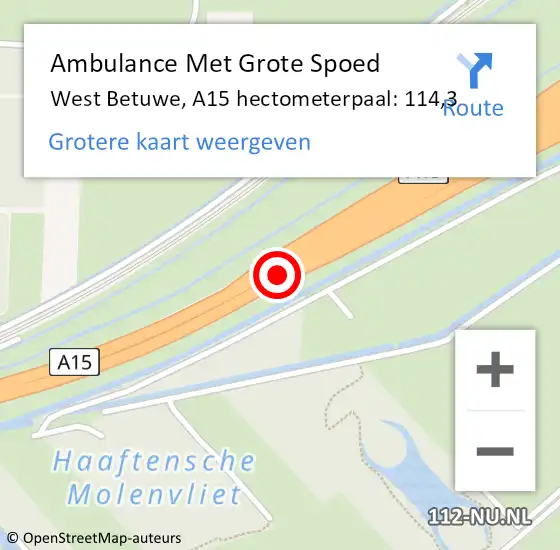 Locatie op kaart van de 112 melding: Ambulance Met Grote Spoed Naar West Betuwe, A15 hectometerpaal: 114,3 op 24 oktober 2022 17:08