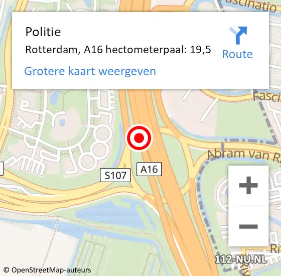 Locatie op kaart van de 112 melding: Politie Rotterdam, A16 hectometerpaal: 19,5 op 24 oktober 2022 18:08