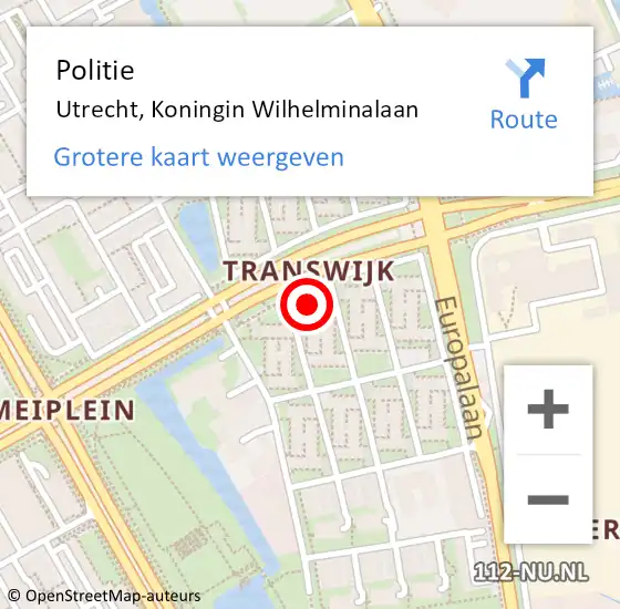 Locatie op kaart van de 112 melding: Politie Utrecht, Koningin Wilhelminalaan op 24 oktober 2022 19:12