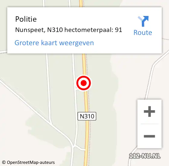 Locatie op kaart van de 112 melding: Politie Nunspeet, N310 hectometerpaal: 91 op 24 oktober 2022 19:17