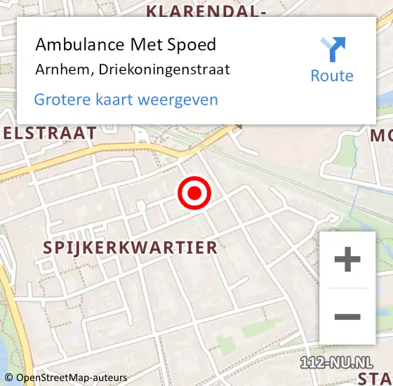 Locatie op kaart van de 112 melding: Ambulance Met Spoed Naar Arnhem, Driekoningenstraat op 24 oktober 2022 21:27