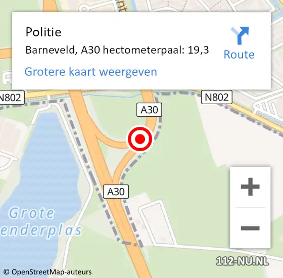 Locatie op kaart van de 112 melding: Politie Barneveld, A30 hectometerpaal: 19,3 op 24 oktober 2022 21:57