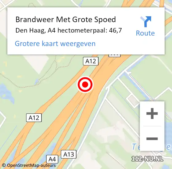 Locatie op kaart van de 112 melding: Brandweer Met Grote Spoed Naar Den Haag, A4 hectometerpaal: 46,7 op 24 oktober 2022 22:16