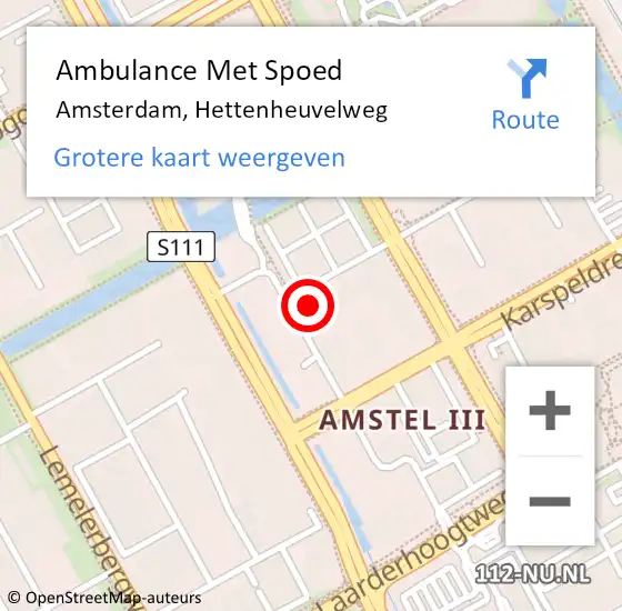 Locatie op kaart van de 112 melding: Ambulance Met Spoed Naar Amsterdam-Zuidoost, Hettenheuvelweg op 24 oktober 2022 22:57