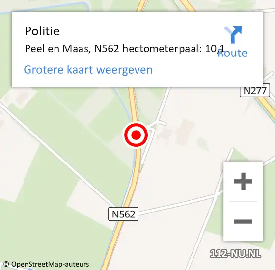 Locatie op kaart van de 112 melding: Politie Peel en Maas, N562 hectometerpaal: 10,1 op 25 oktober 2022 03:27