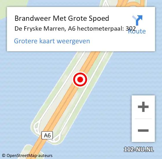 Locatie op kaart van de 112 melding: Brandweer Met Grote Spoed Naar De Fryske Marren, A6 hectometerpaal: 302 op 25 oktober 2022 05:59