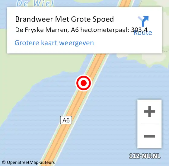 Locatie op kaart van de 112 melding: Brandweer Met Grote Spoed Naar De Fryske Marren, A6 hectometerpaal: 303,4 op 25 oktober 2022 06:01