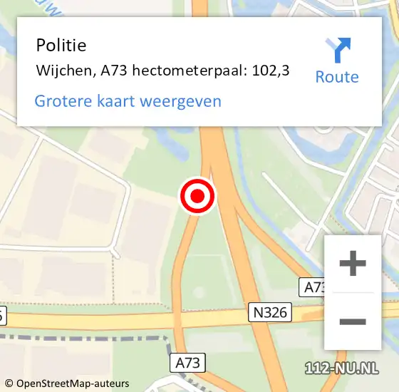 Locatie op kaart van de 112 melding: Politie Wijchen, A73 hectometerpaal: 102,3 op 25 oktober 2022 06:39