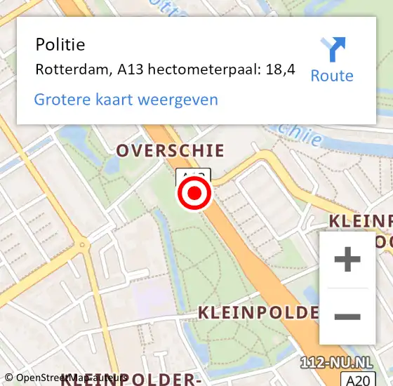 Locatie op kaart van de 112 melding: Politie Rotterdam, A13 hectometerpaal: 18,4 op 25 oktober 2022 07:24