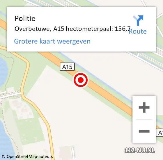 Locatie op kaart van de 112 melding: Politie Overbetuwe, A15 hectometerpaal: 156,7 op 25 oktober 2022 08:40