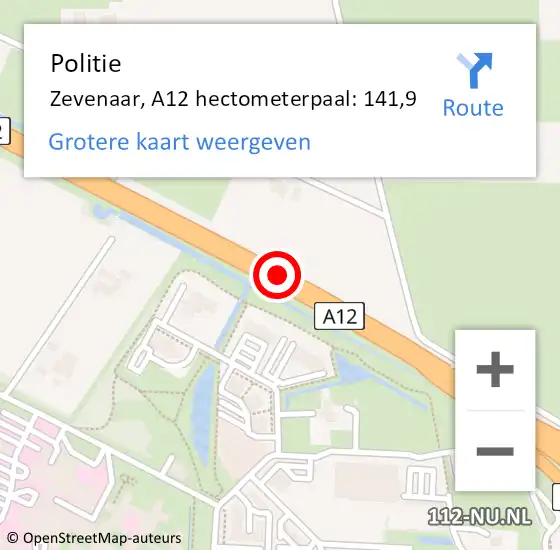 Locatie op kaart van de 112 melding: Politie Zevenaar, A12 hectometerpaal: 141,9 op 25 oktober 2022 08:55