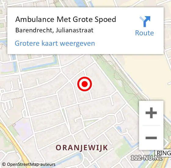 Locatie op kaart van de 112 melding: Ambulance Met Grote Spoed Naar Barendrecht, Julianastraat op 25 oktober 2022 08:58