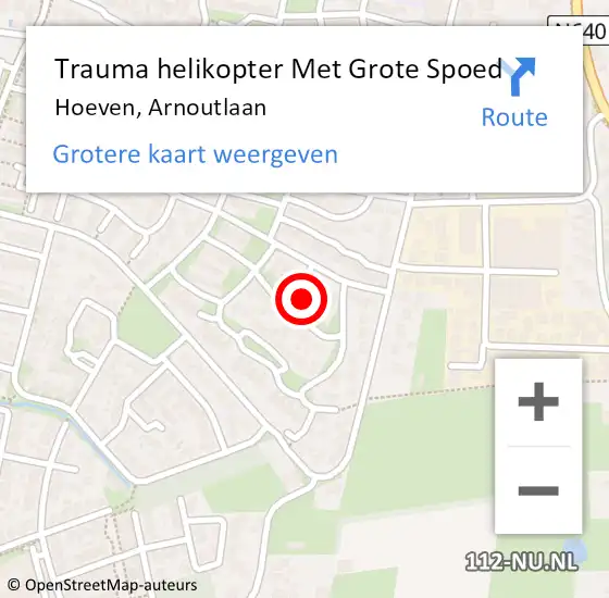 Locatie op kaart van de 112 melding: Trauma helikopter Met Grote Spoed Naar Hoeven, Arnoutlaan op 25 oktober 2022 09:14