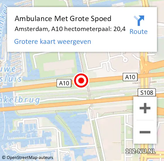 Locatie op kaart van de 112 melding: Ambulance Met Grote Spoed Naar Amsterdam, A10 hectometerpaal: 20,4 op 25 oktober 2022 10:09