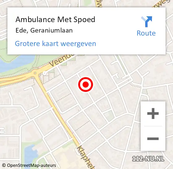 Locatie op kaart van de 112 melding: Ambulance Met Spoed Naar Ede, Geraniumlaan op 25 oktober 2022 12:21