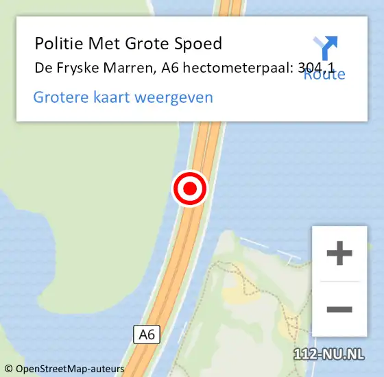 Locatie op kaart van de 112 melding: Politie Met Grote Spoed Naar De Fryske Marren, A6 hectometerpaal: 304,1 op 25 oktober 2022 12:34