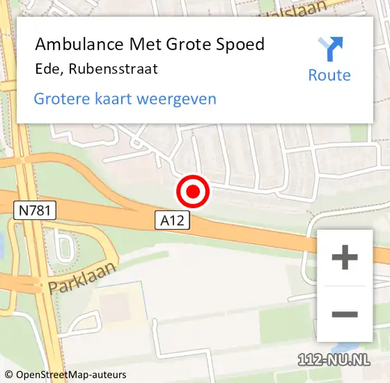 Locatie op kaart van de 112 melding: Ambulance Met Grote Spoed Naar Ede, Rubensstraat op 25 oktober 2022 14:04