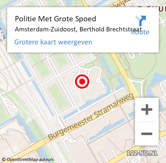 Locatie op kaart van de 112 melding: Politie Met Grote Spoed Naar Amsterdam-Zuidoost, Berthold Brechtstraat op 25 oktober 2022 15:49